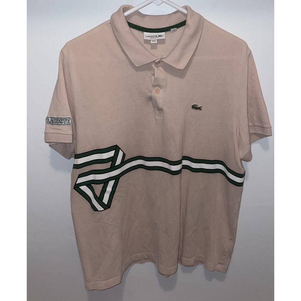 Lacoste Polo Shirt Mens 7 XXL Pink Cotton Short Sleeve Rare Ribbon Stripe Pink